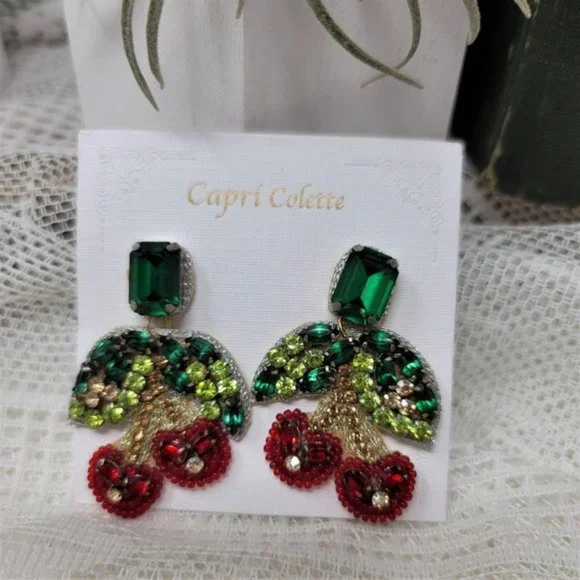 Capri Colette rhinestone red cherry statement earrings - Picture 2 of 3